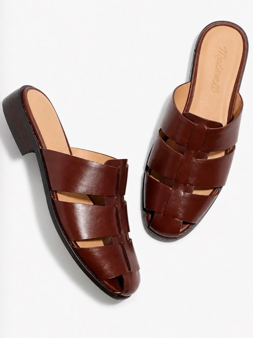 Madewell The Dixon Brown Leather Woven Fisherman Slide Mule Sandals Women’s